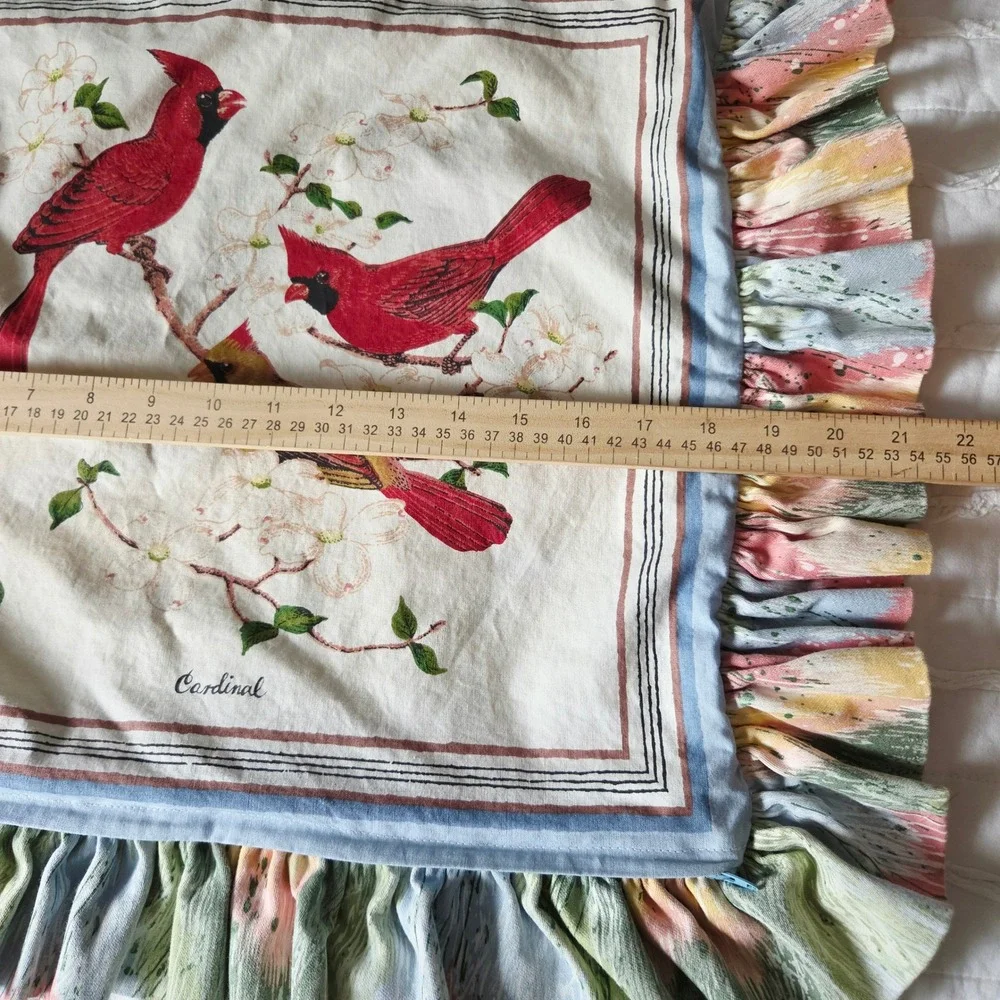 Handmade Cardinal Bird Throw Pillow Cover 21x21 Ruffle Edge Zipper Vintage